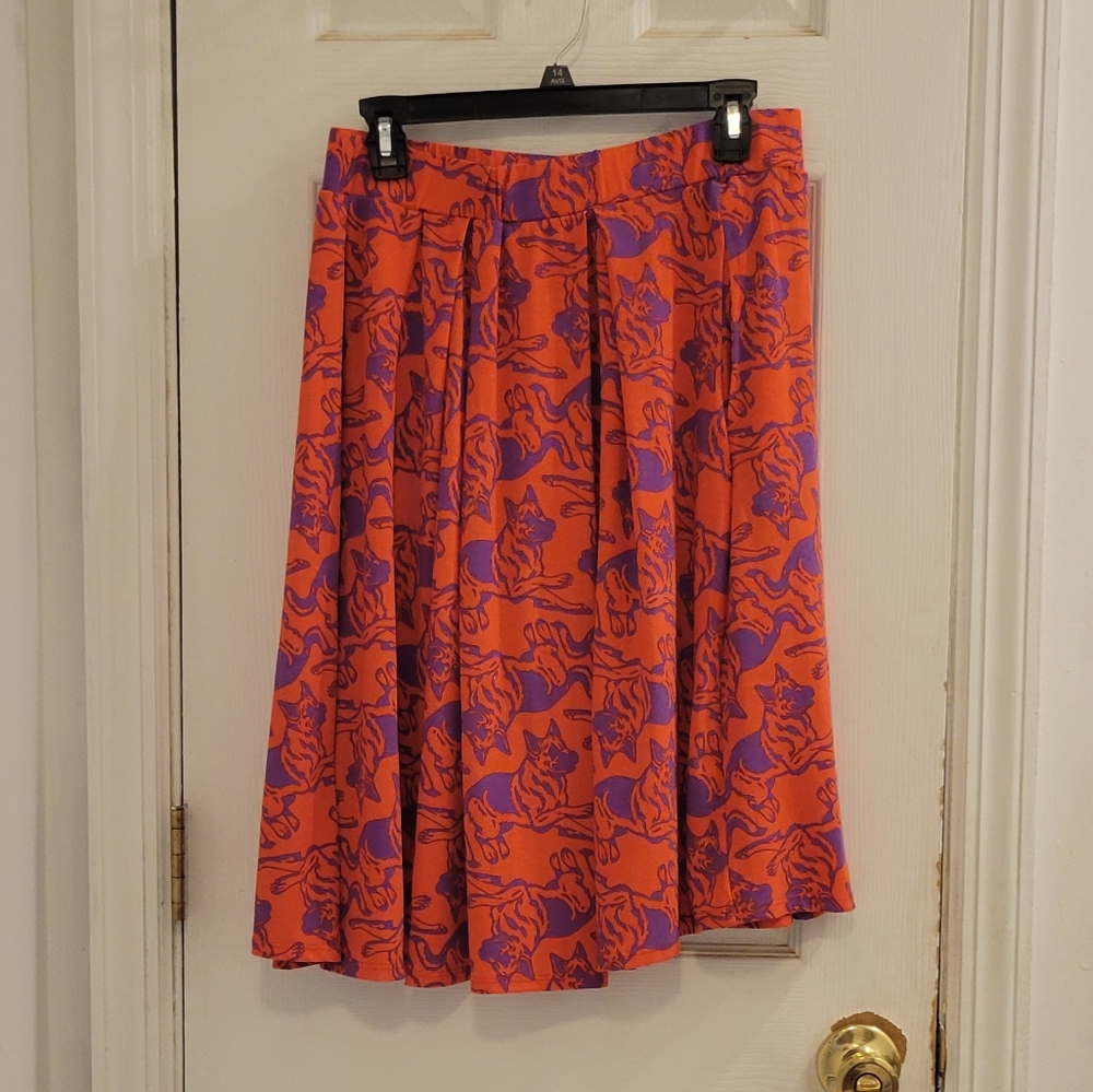 LuLaRoe German Shepherd Orange and Purple Midi Skirt